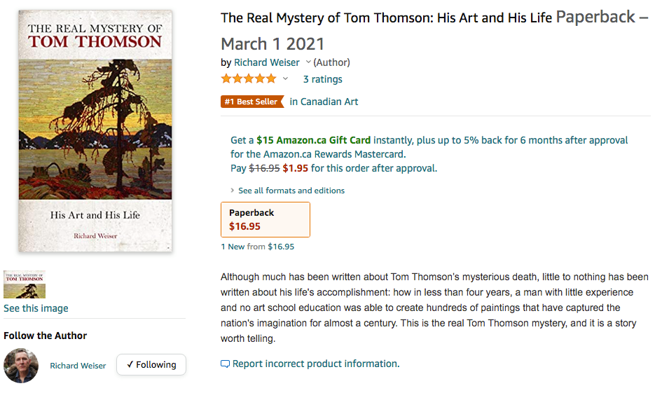 Image of The Real Mystery of Tom Thomson, a bestseller on Amazon Canada